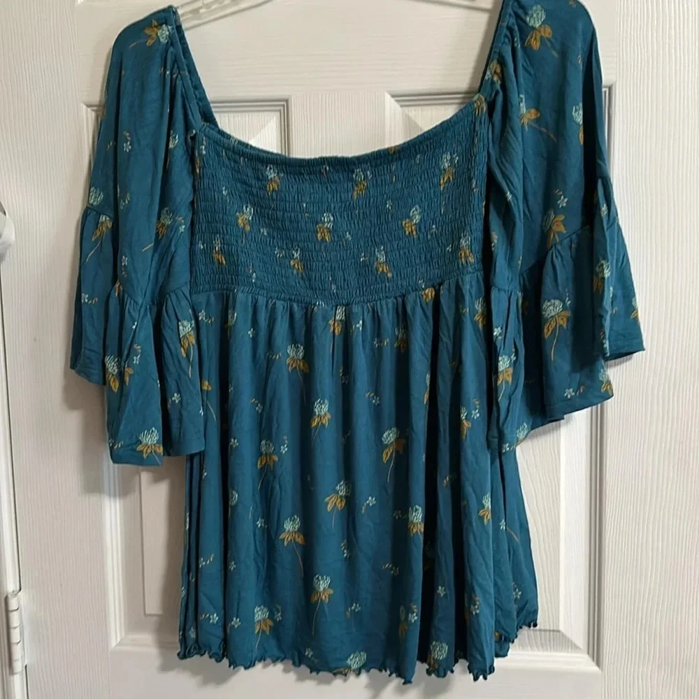 Free People Lana Off Shoulder Smocked Tunic NWOT Mermaid / Teal : Small Boho